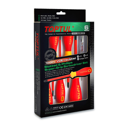 Набор отверток VDE 6 предметов (крест и шлиц) в картоне TOPTUL Набор отверток VDE 6 предметов (крест и шлиц) в картоне TOPTUL