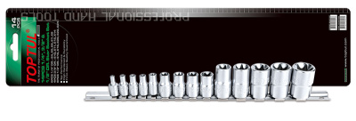 Набор торцевых головок 1/4", 3/8", 1/2" E4-E24, 14 предметов на планке TOPTUL